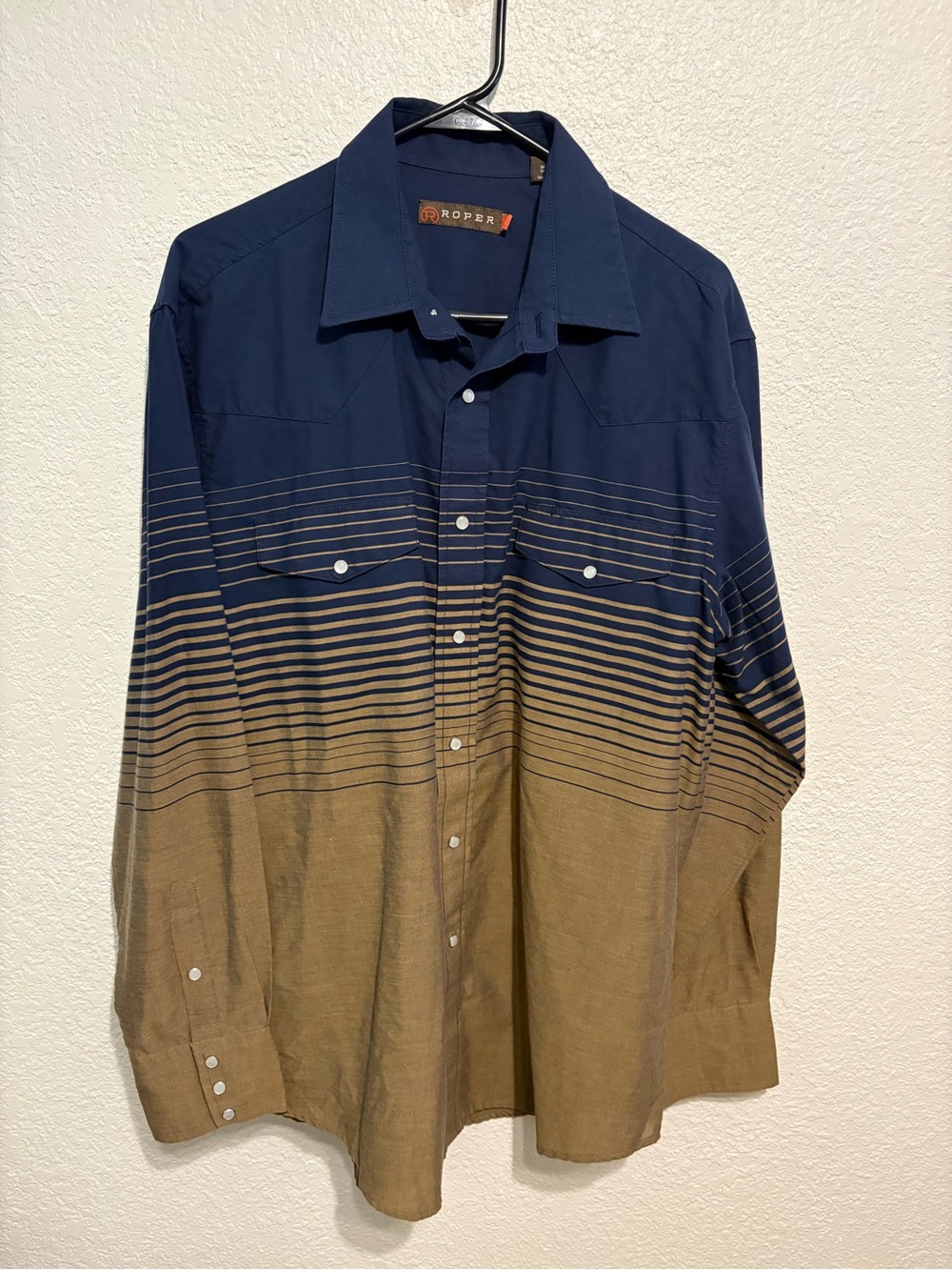 Roper Men’s Two-Tone Navy and Brown Striped Western Button-Up Shirt L